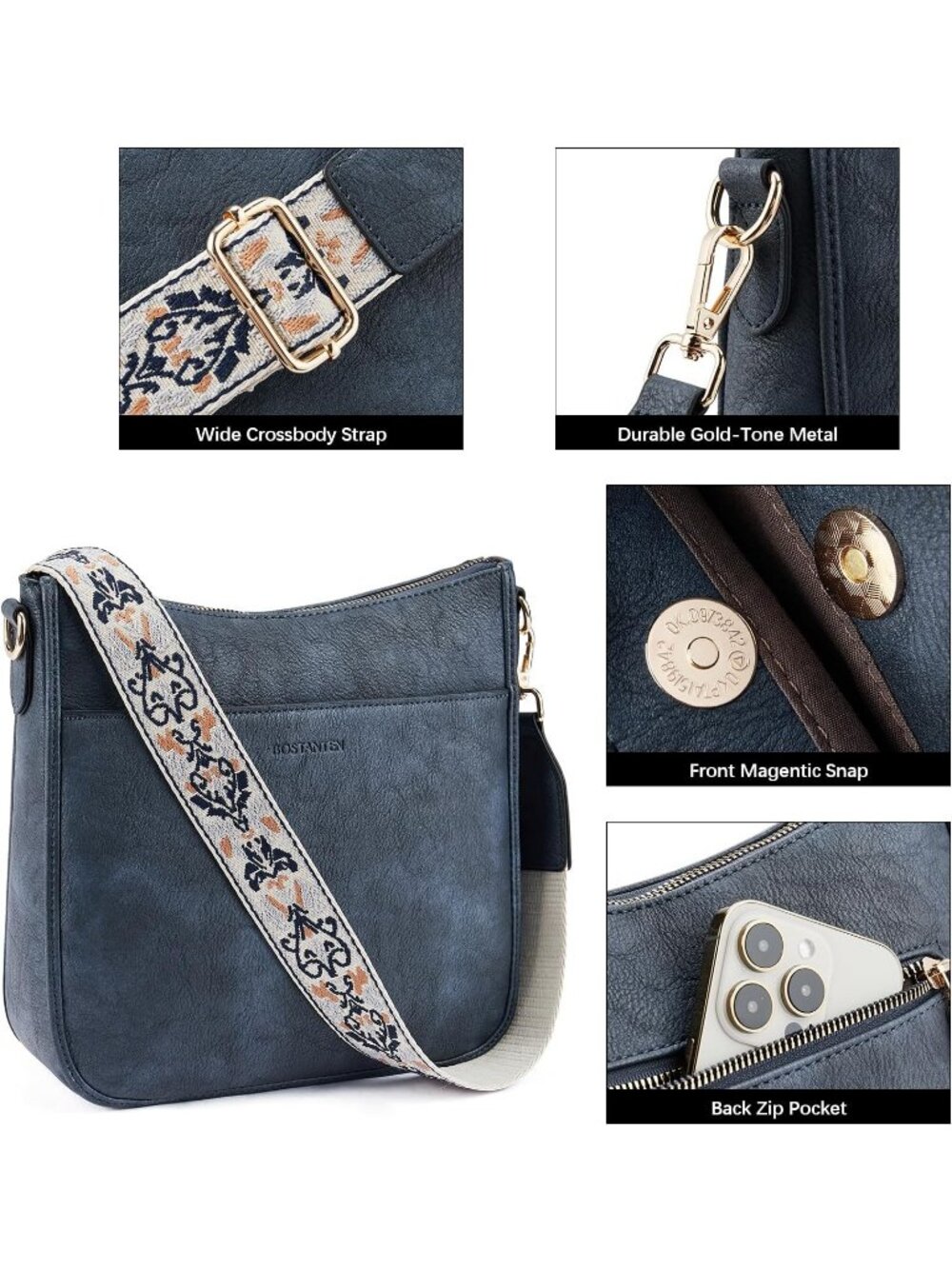 Women's Blue Vegan Leather Crossbody Bags Trendy Wide Shoulder Strap Hobo Bags - Picture 5 of 6